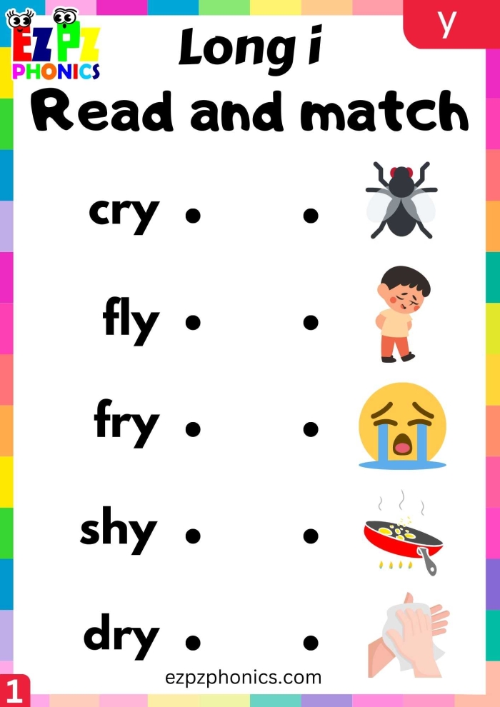 First Grade phonics worksheet focusing on Y as a long I sound