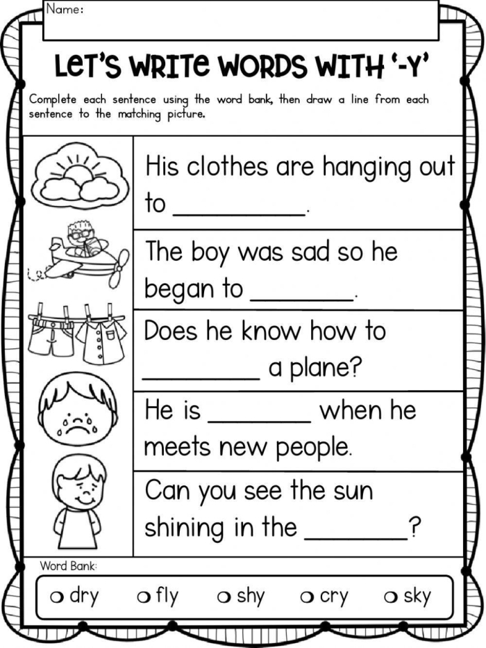 First Grade phonics worksheet focusing on Y as a long I vowel sound