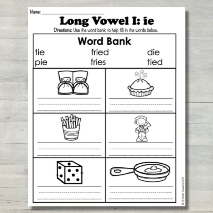 First Grade phonics worksheet focusing on the letter Y making the long I sound