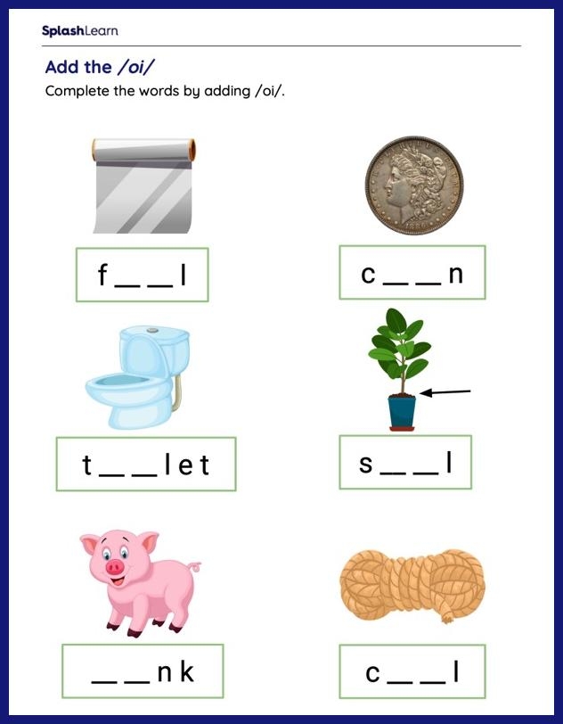 Oi Phoneme practice worksheet designed for young learners in first grade First Grade worksheet practicing the oi vowel phoneme with fun exercises