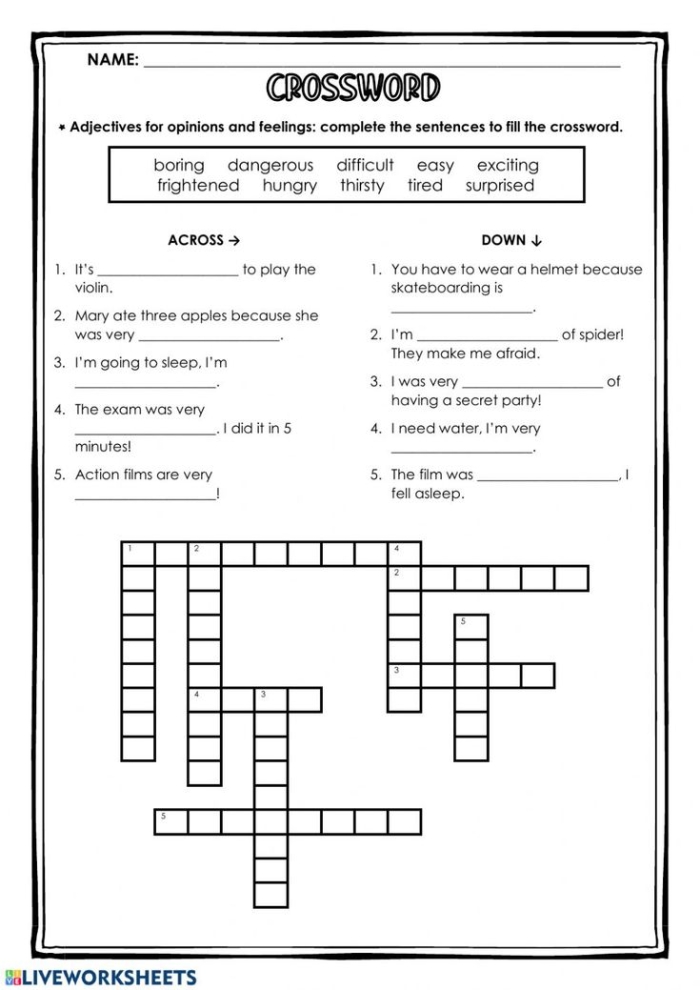 Second Grade adjectives crossword puzzle worksheet for phonics practice with colorful clues