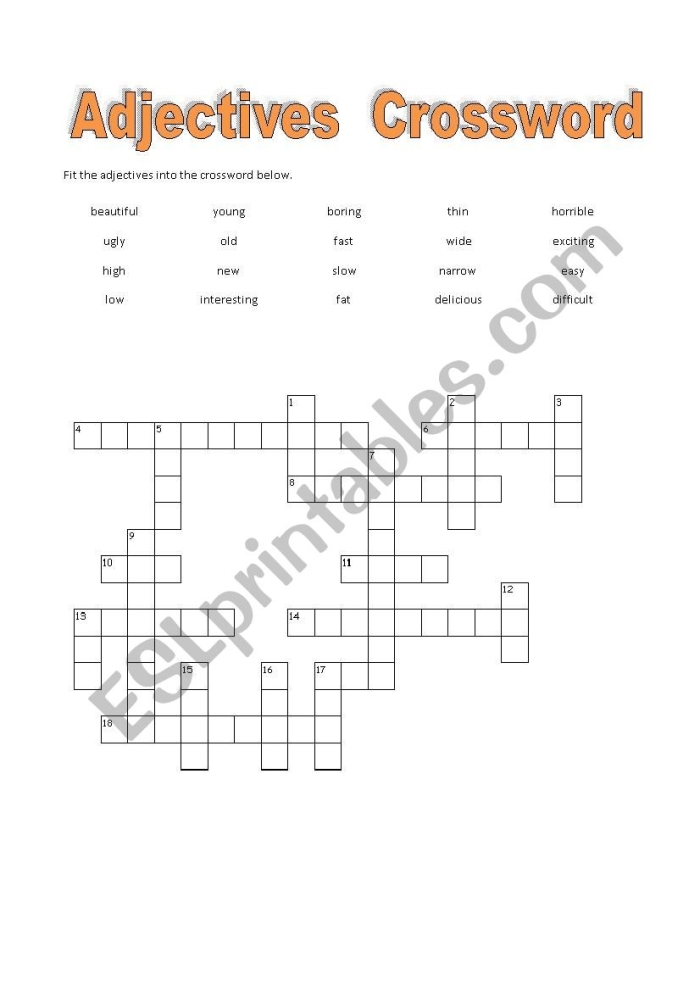 Second Grade adjectives crossword puzzle filled with descriptive words for phonics practice