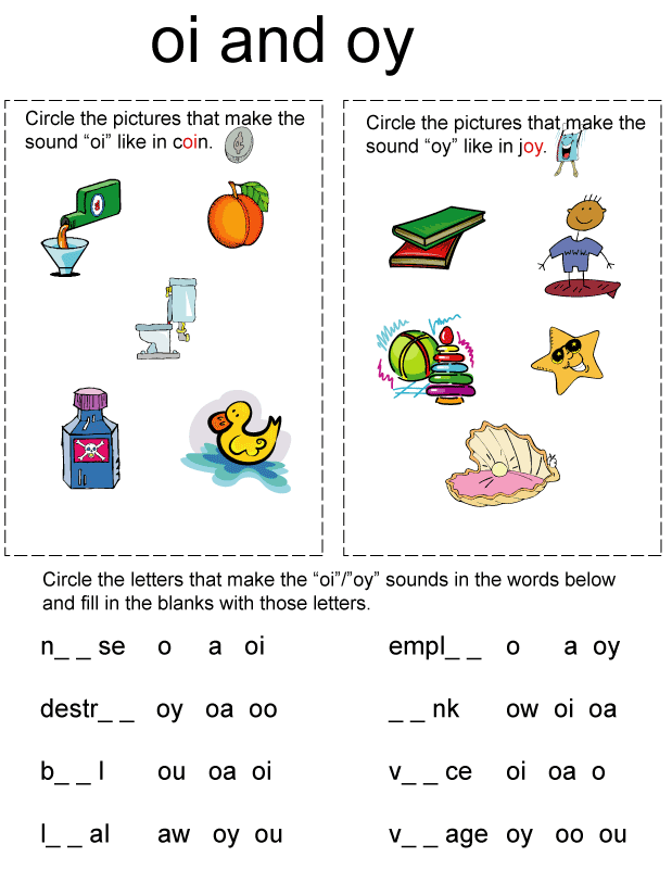 Phonics practice with OY diphthong in a second grade writing worksheet, image 3 Second grade student completing a vowel diphthongs OY worksheet to improve phonics skills