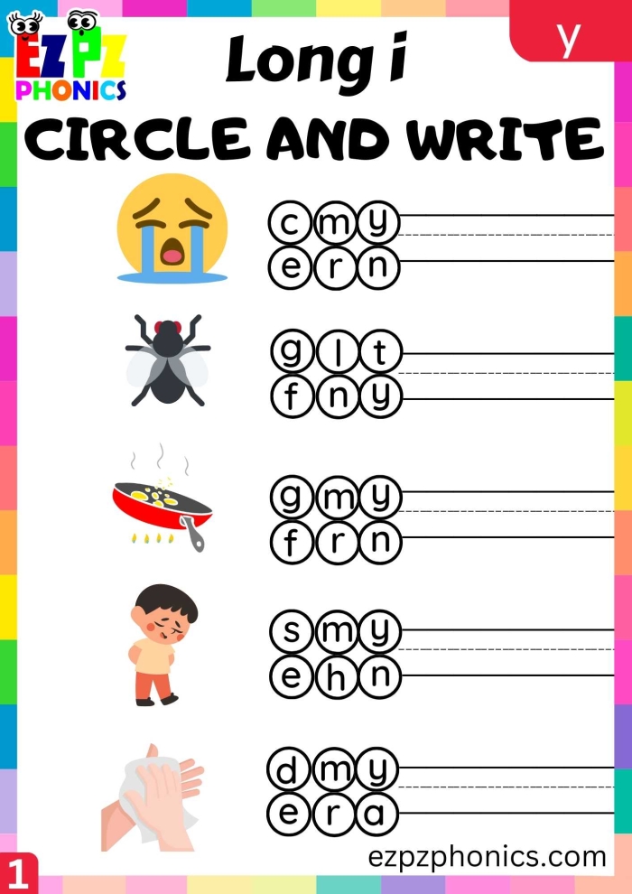 First Grade phonics worksheet focusing on Y as a long I sound in words