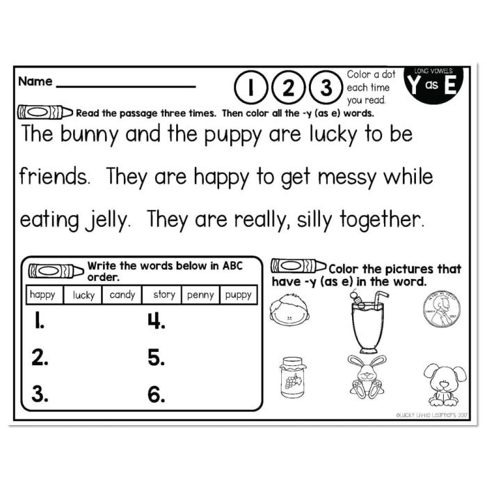 First Grade phonics worksheet focused on Y as a long I vowel sound