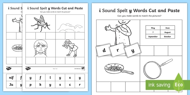 First Grade phonics worksheet showing Y as a long I sound in words