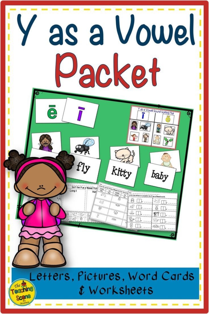 First Grade Geography worksheet focusing on the letter Y acting as a vowel in words