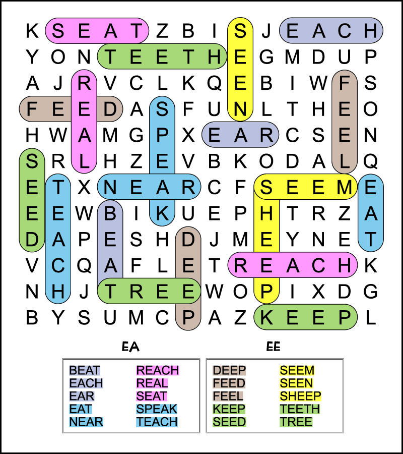 First Grade Fractions Long E Word Search worksheet with a phonics puzzle