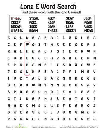 First Grade Fractions Long E Word Search worksheet with a phonics puzzle