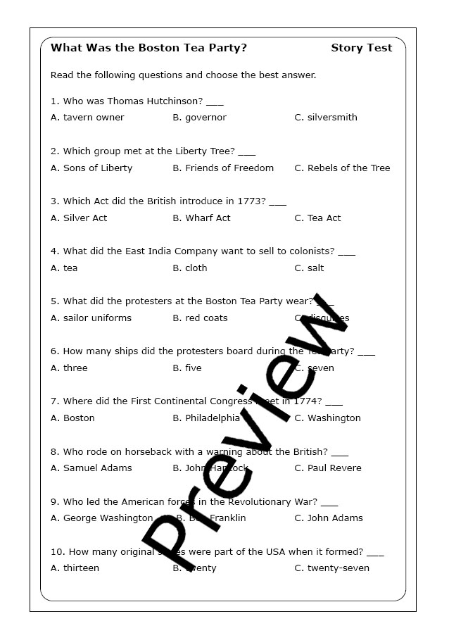 Third grade phonics worksheet on the Boston Tea Party focusing on sequencing events