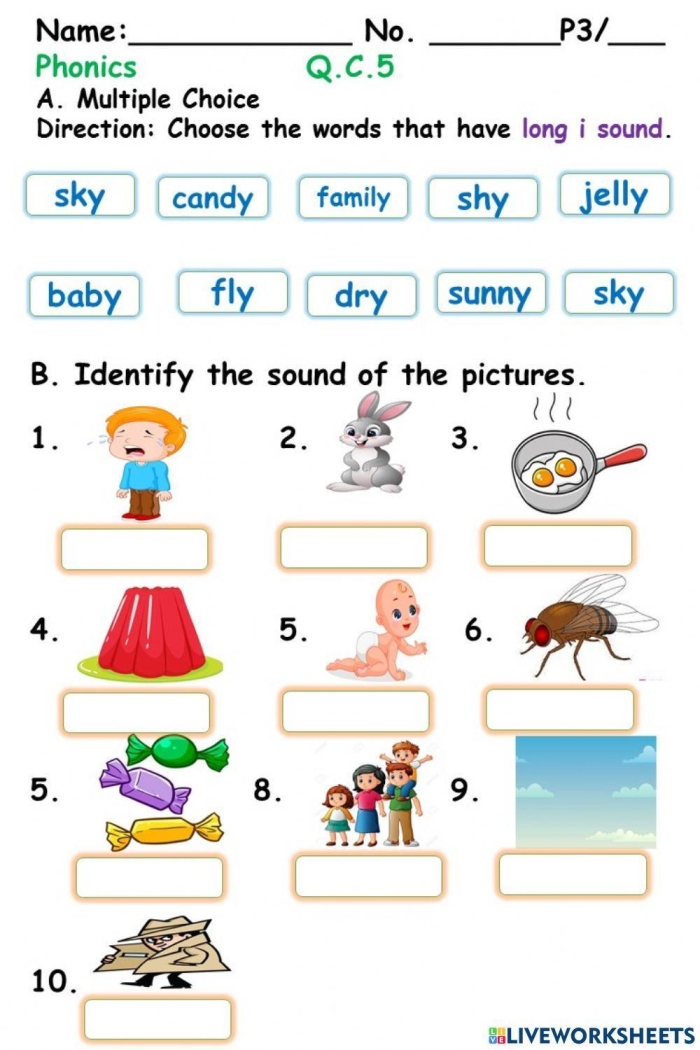 First grade phonics worksheet focusing on Y as a long I sound in words
