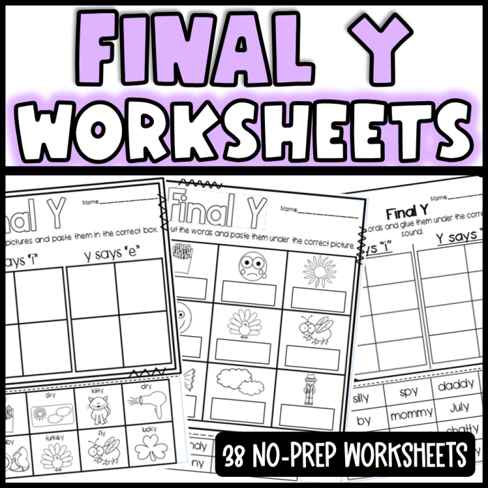 First Grade phonics worksheet focusing on the letter Y as a long I sound