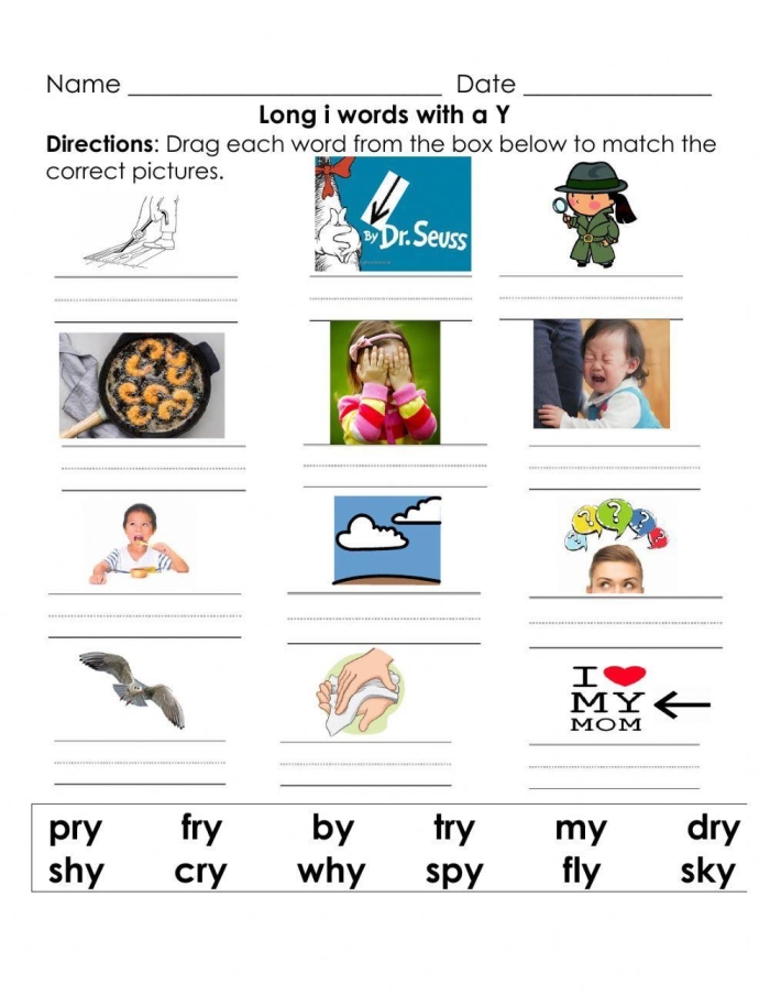 First Grade phonics worksheet focusing on Y as a long I vowel sound
