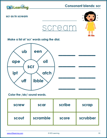 Phonics and Spelling Practice worksheet featuring common consonant blends for fourth graders