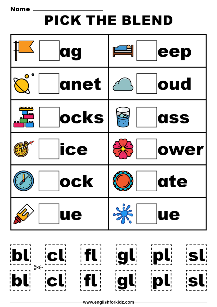 Phonics and spelling practice worksheet featuring common consonant blends for fourth graders