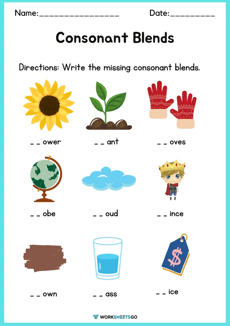 Phonics and spelling practice worksheet featuring common consonant blends for fourth graders