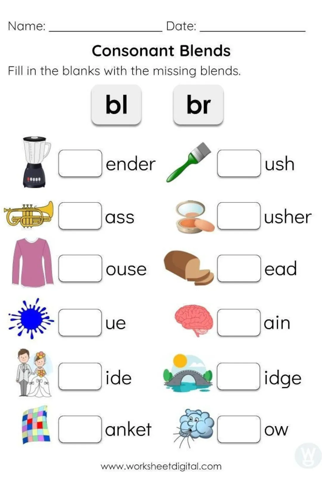 Phonics and spelling practice worksheet featuring common consonant blends for fourth graders