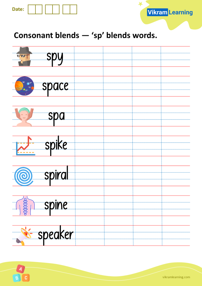 Phonics and spelling practice worksheet featuring common consonant blends for fourth graders