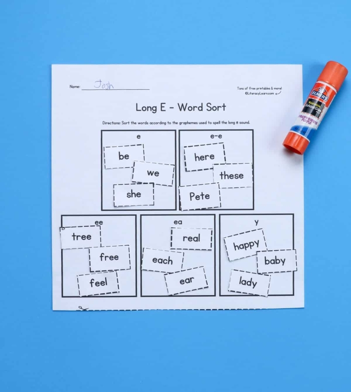 First Grade Long E Word Search worksheet focusing on phonics and fractions
