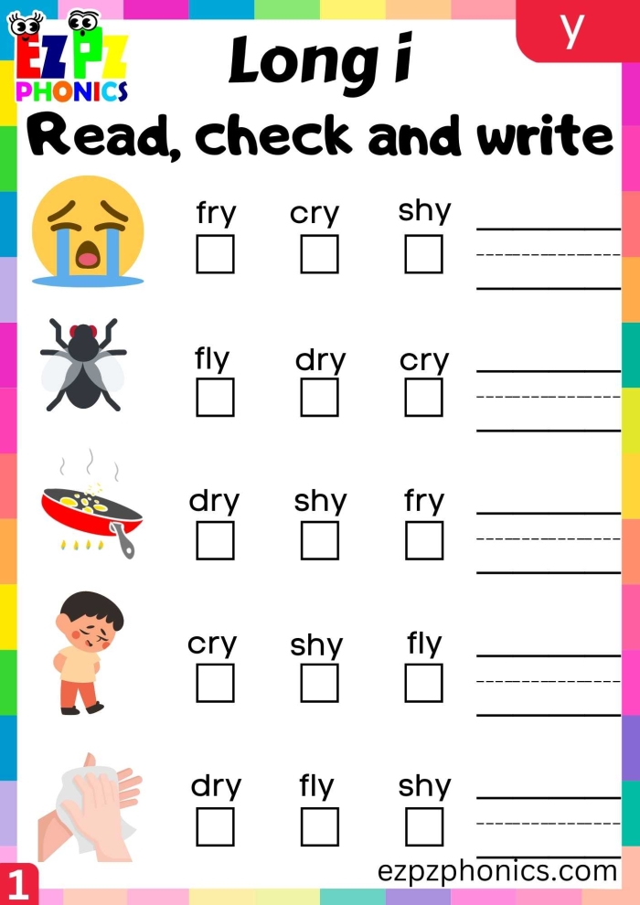 First Grade phonics worksheet focusing on Y as a long I sound