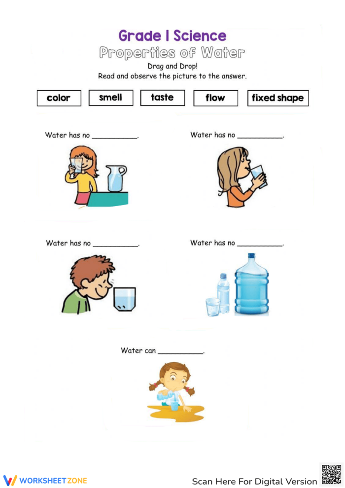Engaging educational worksheet on the physical properties of water for young learners Physical Properties of Water worksheet for fourth graders exploring concepts like specific heat and kinetic energy