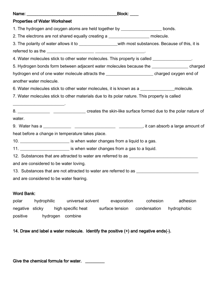 Writing worksheet for Fourth Grade Worksheet illustrating the physical properties of water, including specific heat and kinetic energy concepts. Educational resource for fourth graders exploring water's characteristics.