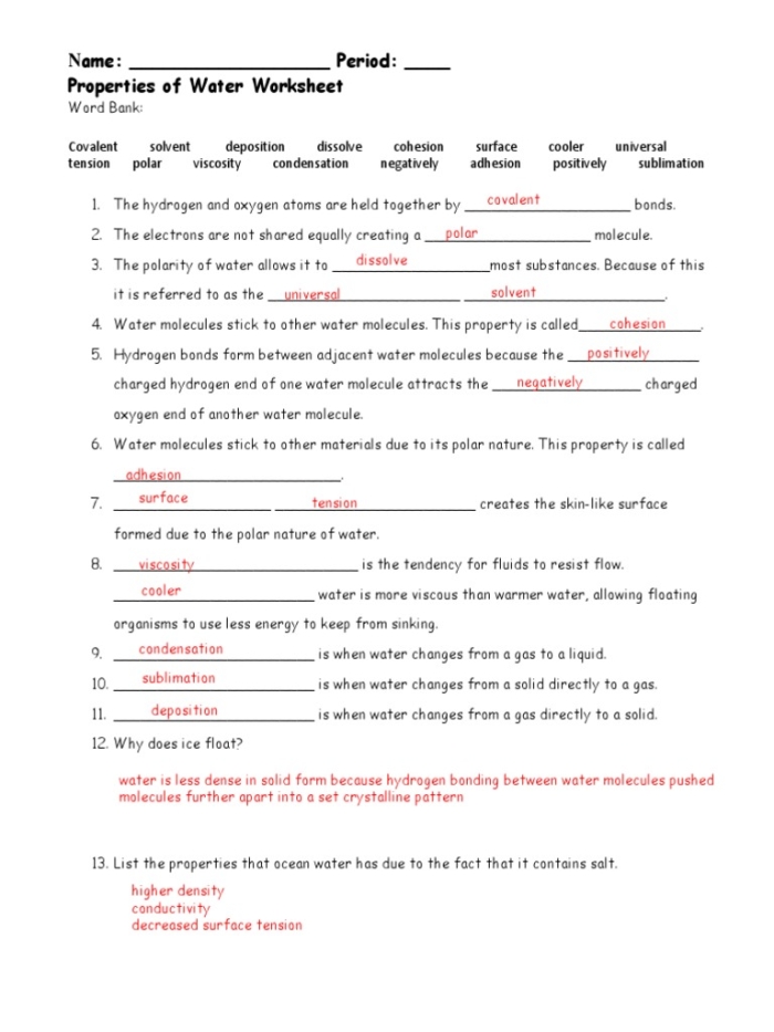 Educational resource on water's specific heat and kinetic energy concepts Worksheet illustrating the physical properties of water for fourth graders