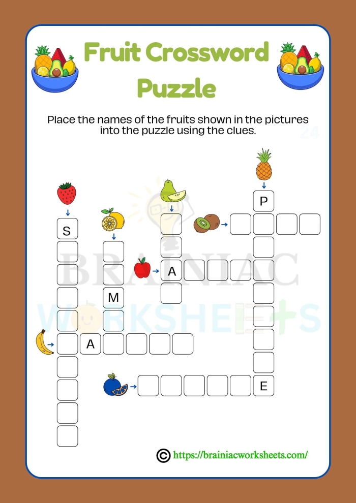 Engaging fruit-themed crossword worksheet for first graders Colorful picture crossword puzzle featuring various fruits for kids