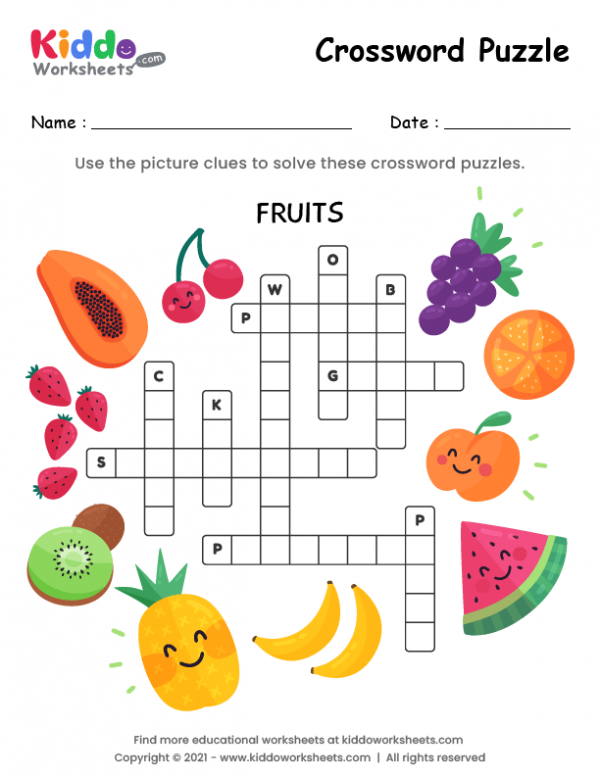 Engaging Picture Crossword: Fruit! worksheet designed for first graders Colorful fruit-themed crossword puzzle for kids to enhance spelling skills