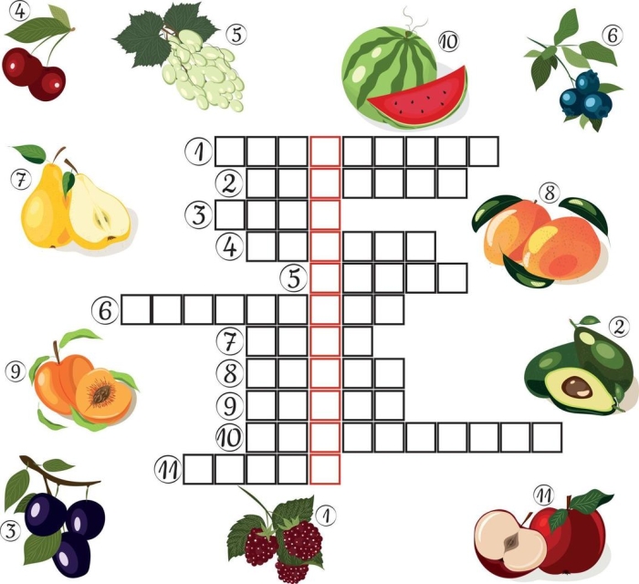 Engaging Picture Crossword: Fruit! worksheet for first graders Colorful fruit-themed crossword puzzle for kids to enhance their spelling skills