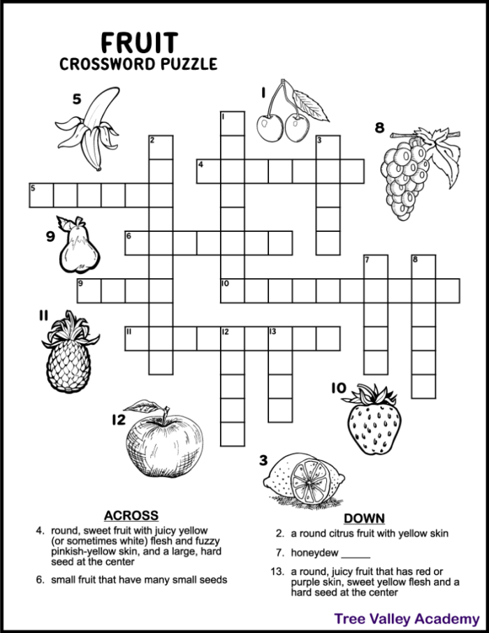 Engaging Picture Crossword: Fruit! worksheet for kids Colorful fruit-themed crossword puzzle for first graders