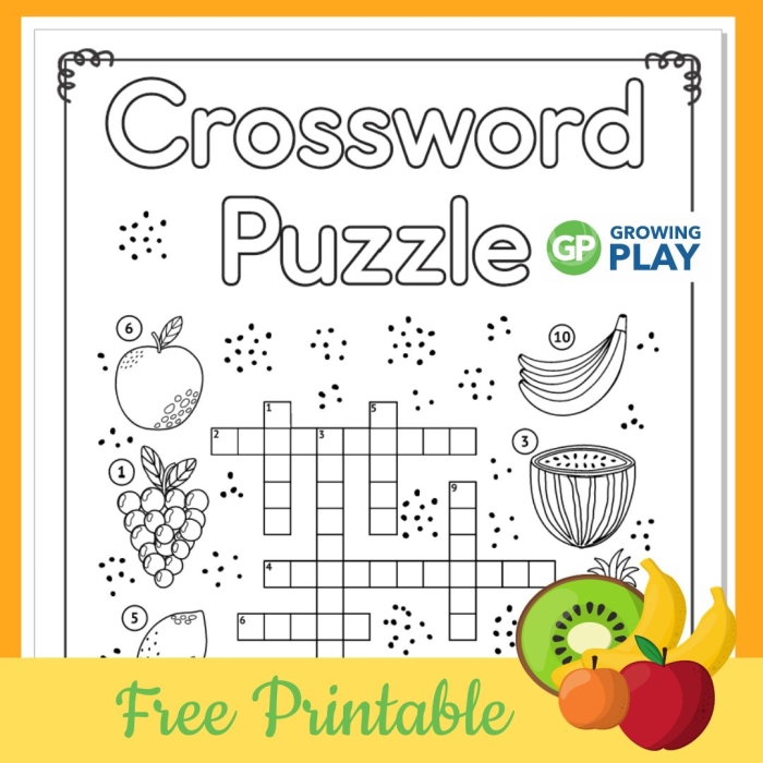Engaging fruit-themed crossword worksheet for first graders to enhance spelling skills Colorful picture crossword puzzle featuring various fruits for kids