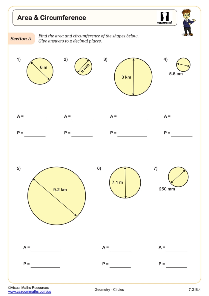 Geometry practice sheet focused on radius, diameter, circumference, and area calculations for circles Pizza-themed worksheet for practicing circumference and area of a circle