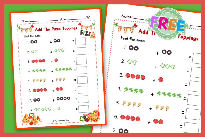 Addition worksheet featuring pizza toppings for preschool math practice