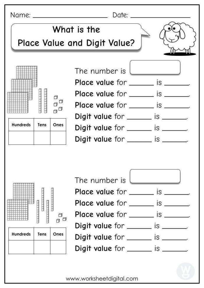 Second Grade worksheet focusing on money and place value with hundreds, tens, and ones