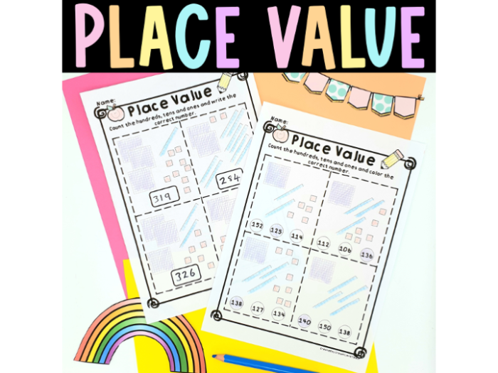Second grade worksheet on money and place value focusing on hundreds, tens, and ones