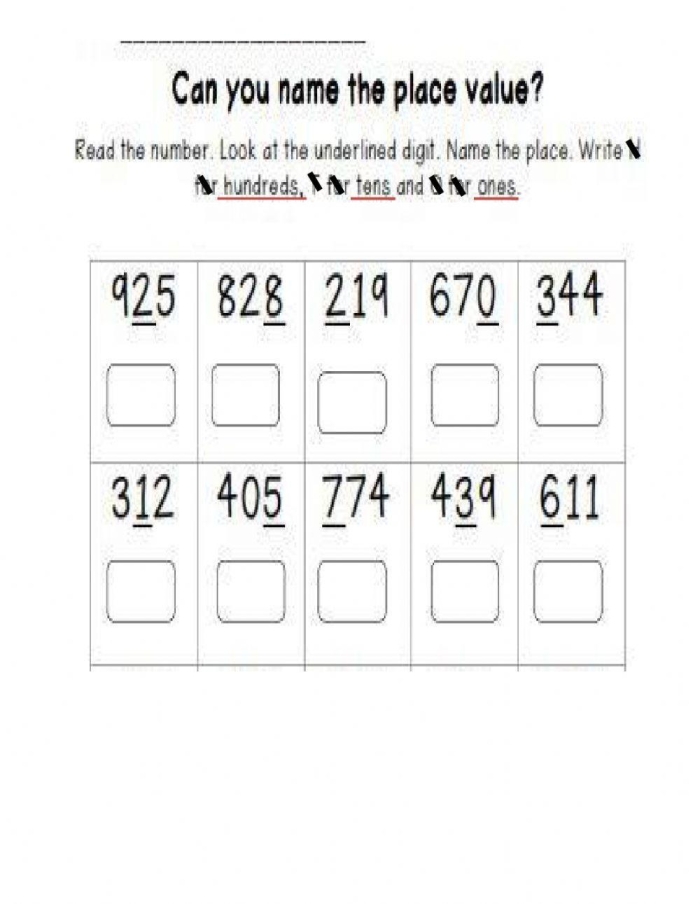 Second grade worksheet focusing on money and place value with hundreds, tens, and ones