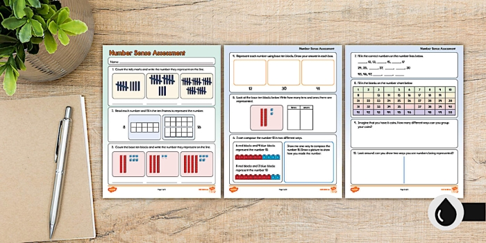 Students solving place value problems on a Number Sense Assessment worksheet for fourth grade