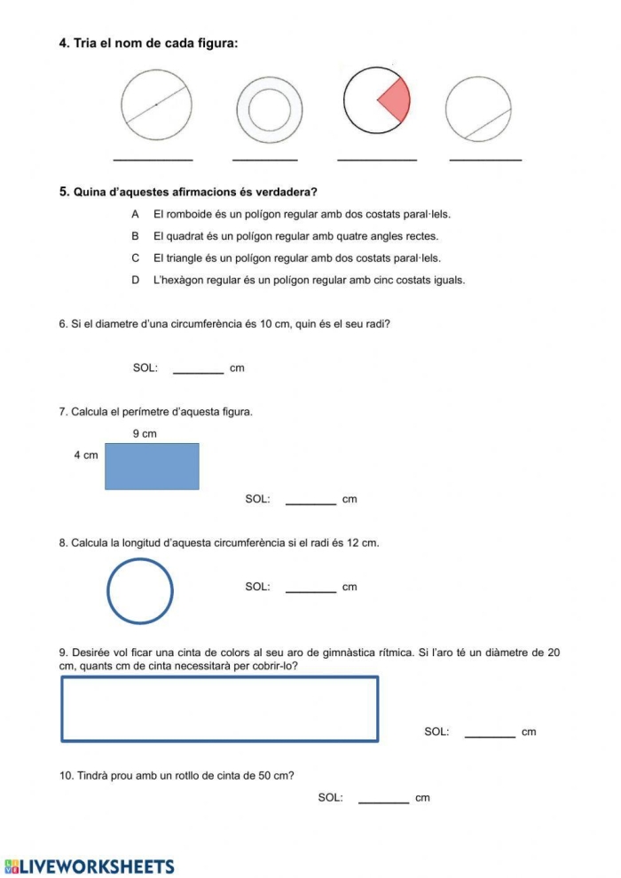 Second Grade Plane Figures worksheet with shapes to color and identify
