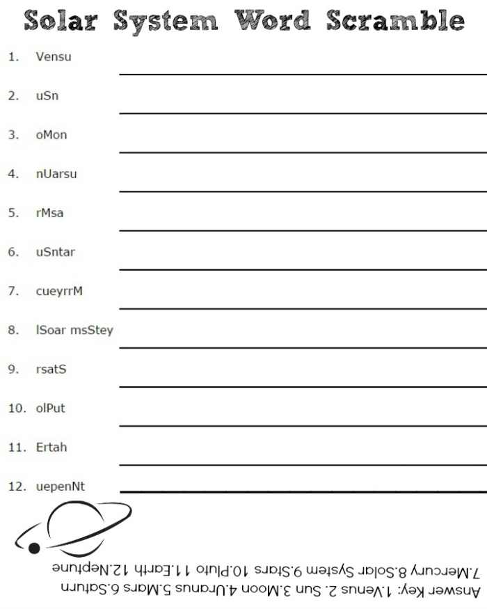 Fun activity sheet showing mixed-up planet names to help children learn planets Third grade worksheet with scrambled names of planets for kids to solve