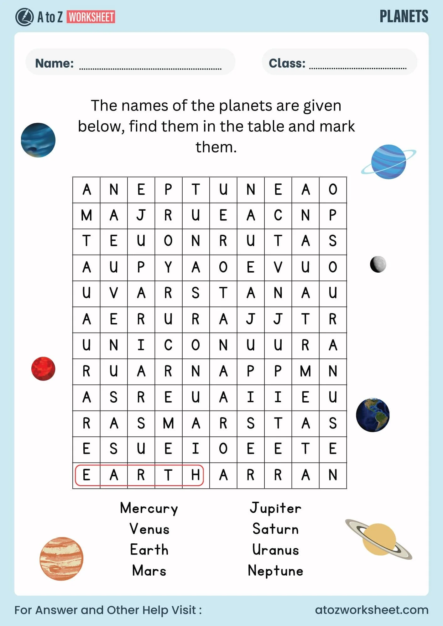 Fun science activity with jumbled planet names for third graders on worksheet 6 Third grade worksheet showing scrambled names of planets for kids to solve