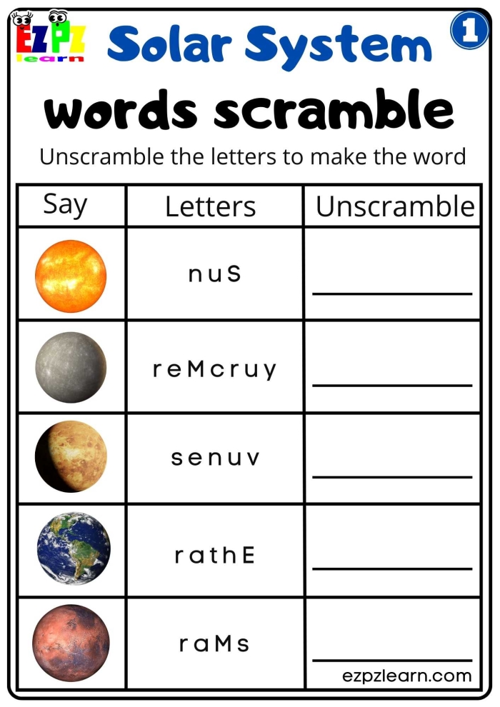 Fun science activity featuring mixed-up letters of planets on worksheet 10 Third grade worksheet with scrambled planet names for kids to solve