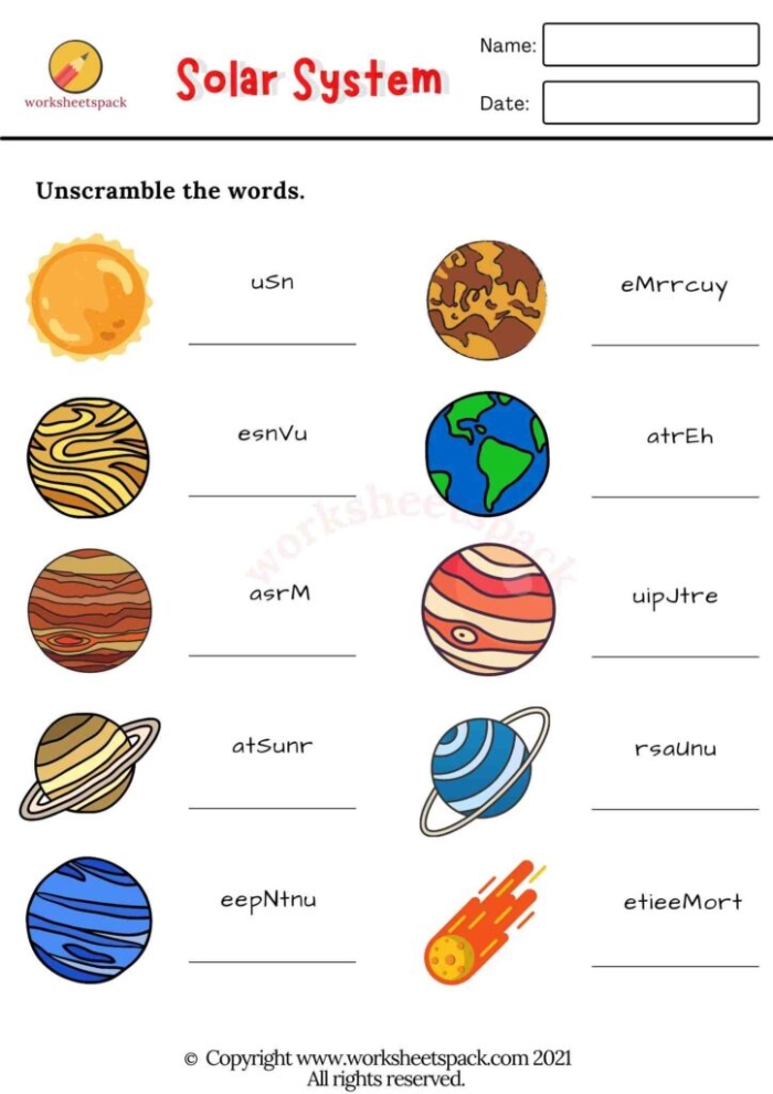 Planet name unscrambling activity in a third grade science worksheet number 15 Third grade worksheet featuring scrambled planet names for kids to solve