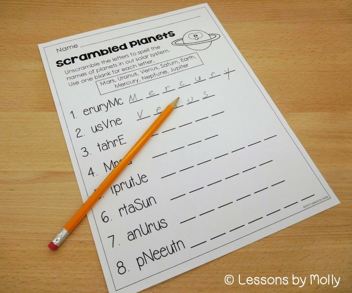 Worksheet image 17 featuring a fun planet name unscrambling activity for third graders Third grade worksheet showing scrambled planet names for kids to solve
