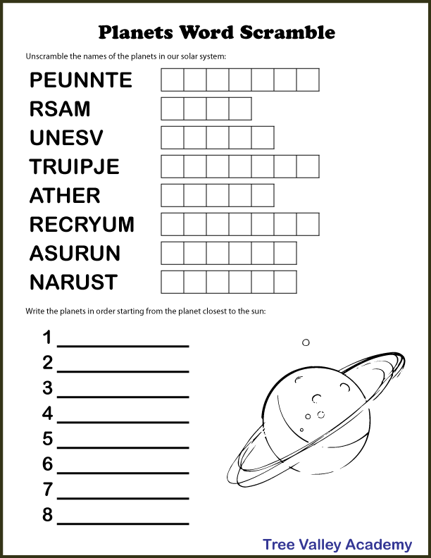 Scrambled Planet Names activity sheet for third graders featuring mixed-up planet words, image 19 Third grade worksheet with scrambled planet names including Pirjute for kids to solve