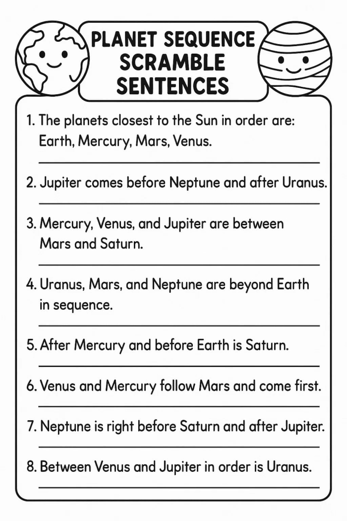 Scrambled planets activity sheet for third graders to practice spelling and science Third grade worksheet featuring scrambled planet names for kids to solve