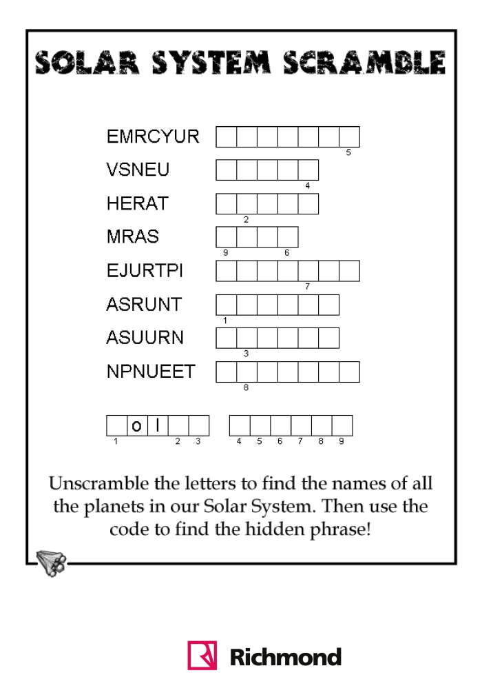 Fun science activity unscrambling planet words for third graders on worksheet 5 Third grade worksheet with scrambled planet names for kids to solve