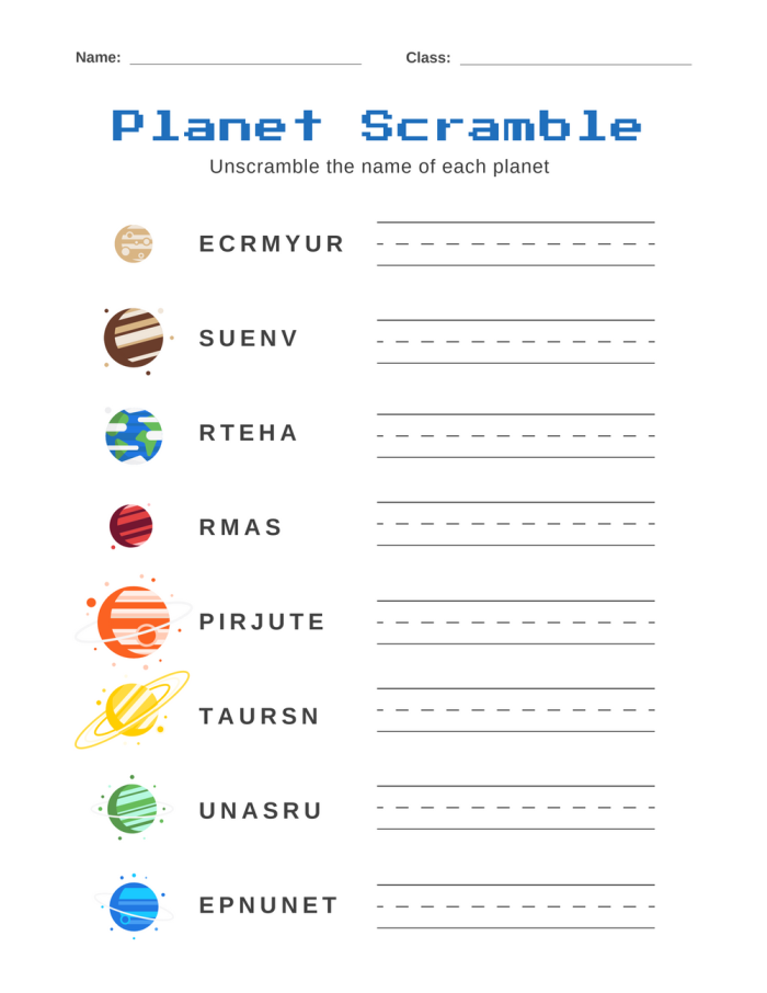 Planet name scramble activity for third graders with mixed-up letters on planets 24 Third grade worksheet showing scrambled planet names for kids to solve
