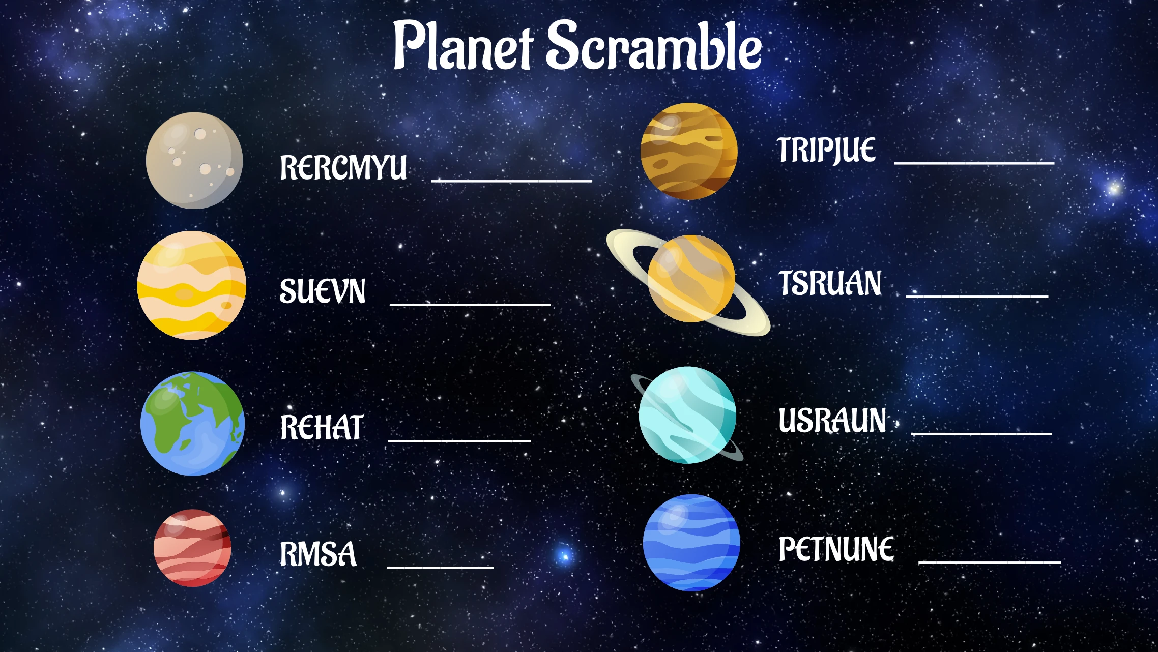 Third worksheet in the series focusing on unscrambling planets for young learners Third grade worksheet featuring scrambled planet names for kids to solve