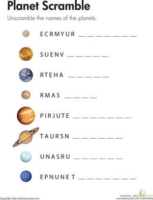 Planet name scramble activity worksheet for third graders with mixed-up letters on planets 21 Third grade worksheet featuring scrambled planet names for kids to solve